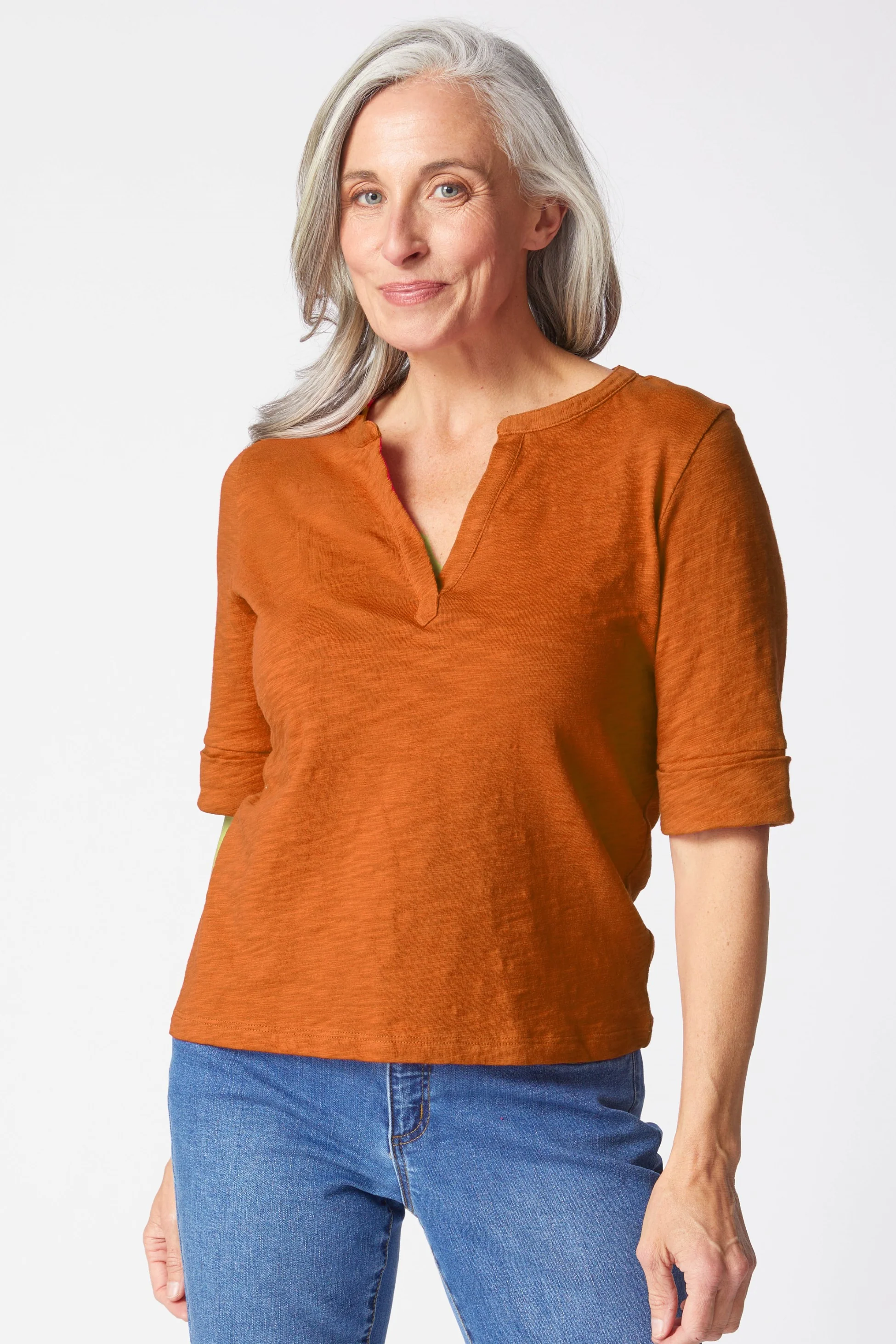 Peruvian Textured Cotton Split Collar Elbow Sleeve Tee - Image 5